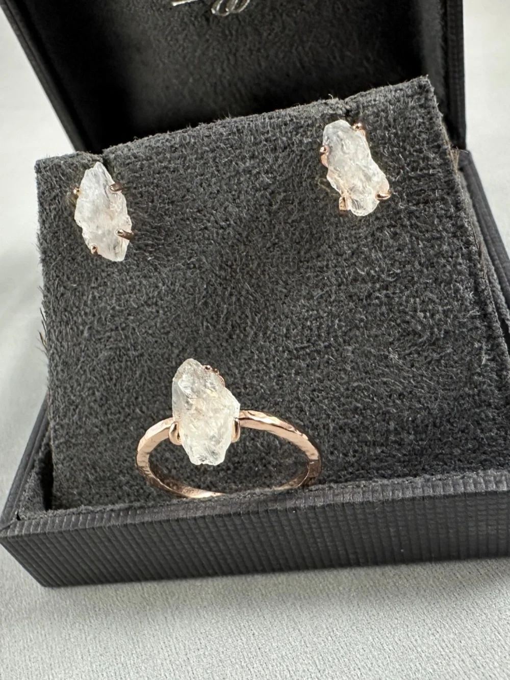 Raw Quartz Crystal Ring and Earring Set Boho Organic Solitaire Studs Rose Gold